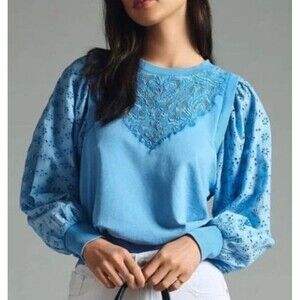 Pilcro Anthropologie Cotton Lace Front Eyelet Sleeve Sweatshirt Top